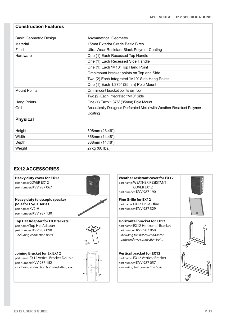 Construction features, Physical, Ex12 accessories | KV2 Audio EX12 User Manual | Page 11 / 12