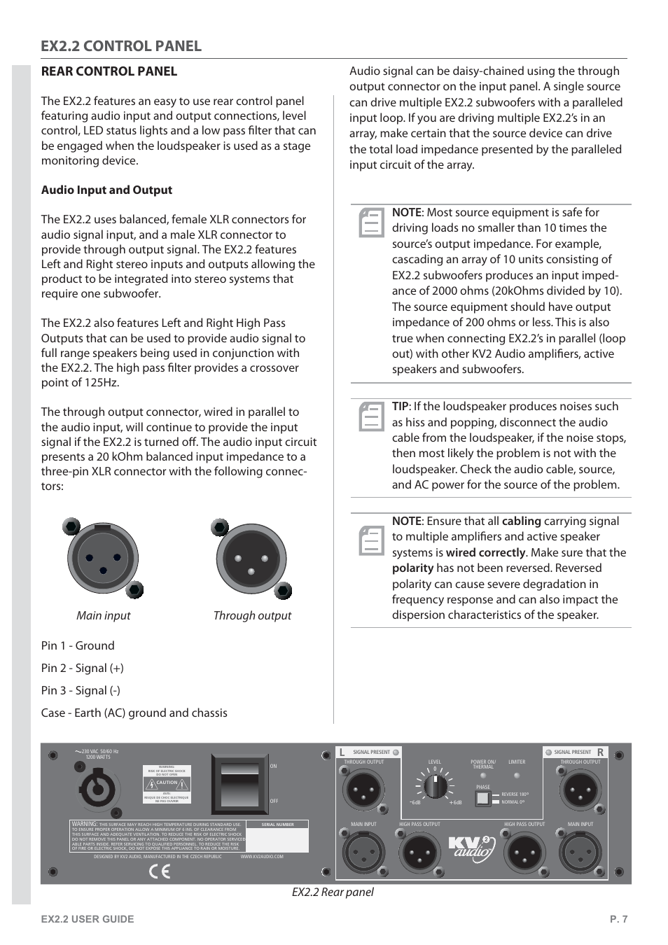 Ex2.2 control panel, Rear control panel, Ex2.2 user guide p. 7 | KV2 Audio EX2.2 User Manual | Page 7 / 12