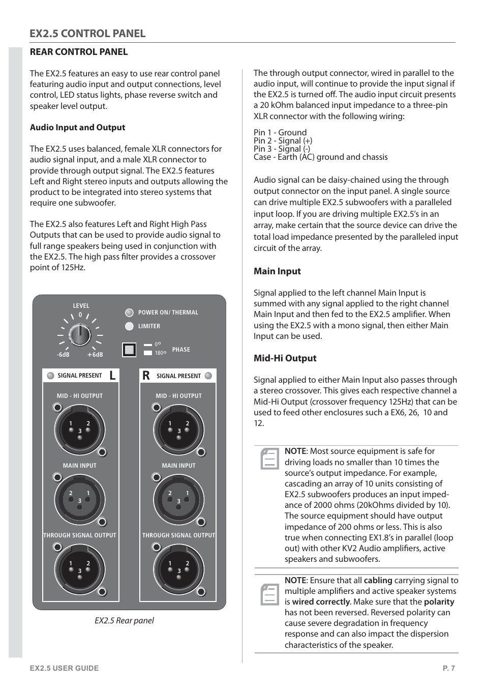 Ex2.5 control panel, Rear control panel, Main input | Mid-hi output | KV2 Audio EX2.5 User Manual | Page 7 / 12