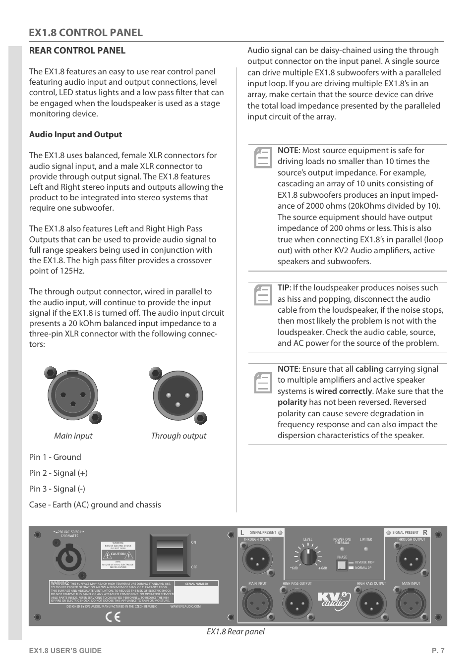 Ex1.8 control panel, Rear control panel, Ex1.8 user’s guide p. 7 | KV2 Audio EX1.8 User Manual | Page 7 / 12