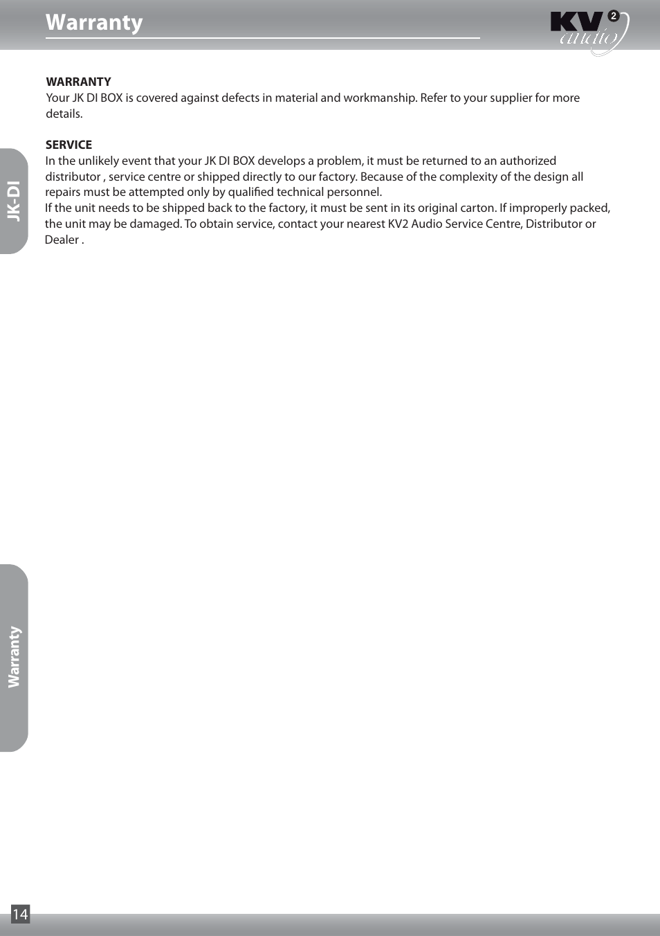 Warranty | KV2 Audio JKP User Manual | Page 14 / 16