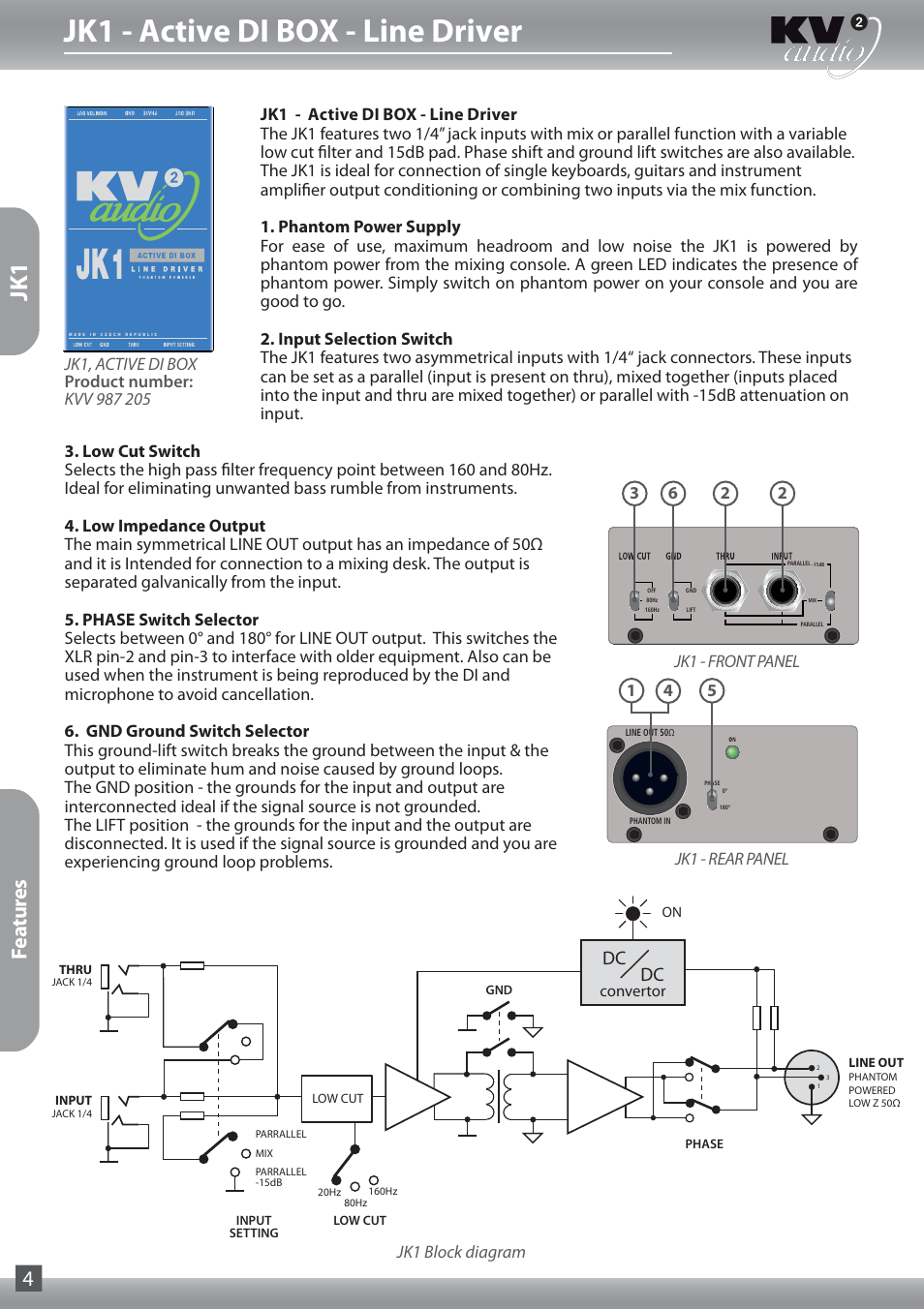Jk1 - active di box - line driver, Features 4, Jk1 block diagram | 26 3 jk1 - rear panel | KV2 Audio JKP User Manual | Page 4 / 16