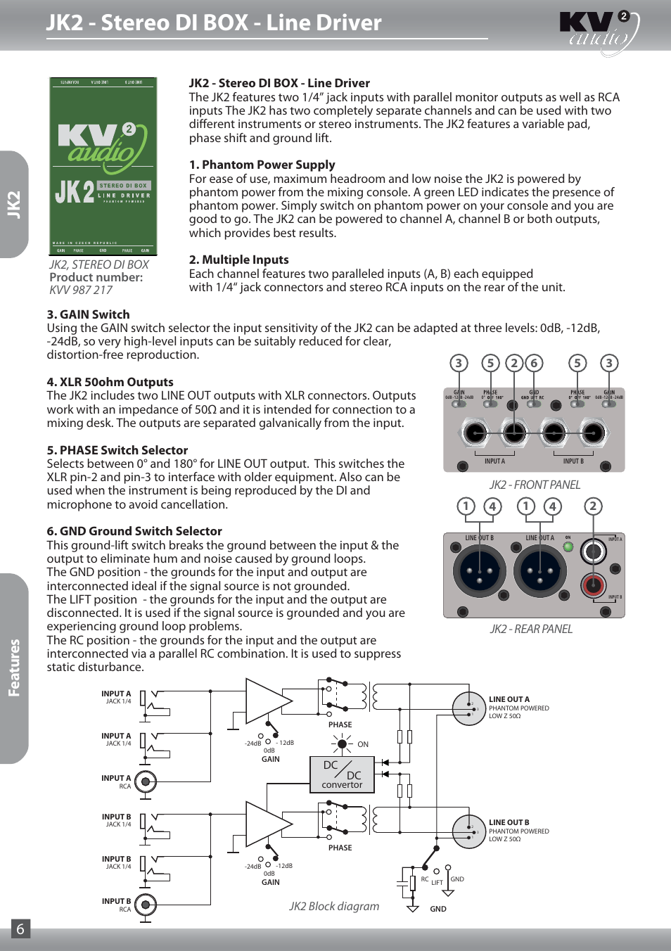 Jk2 - stereo di box - line driver, Features 6, Jk2 block diagram | KV2 Audio JKP User Manual | Page 6 / 16