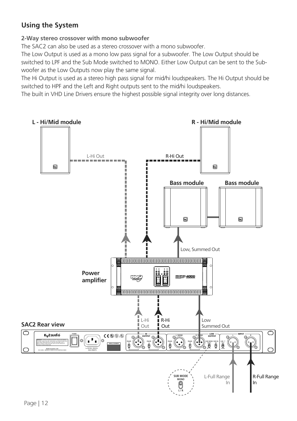 Using the system, Bass module, Sac2 rear view power amplifier page | 12 | KV2 Audio SAC2 User Manual | Page 12 / 16