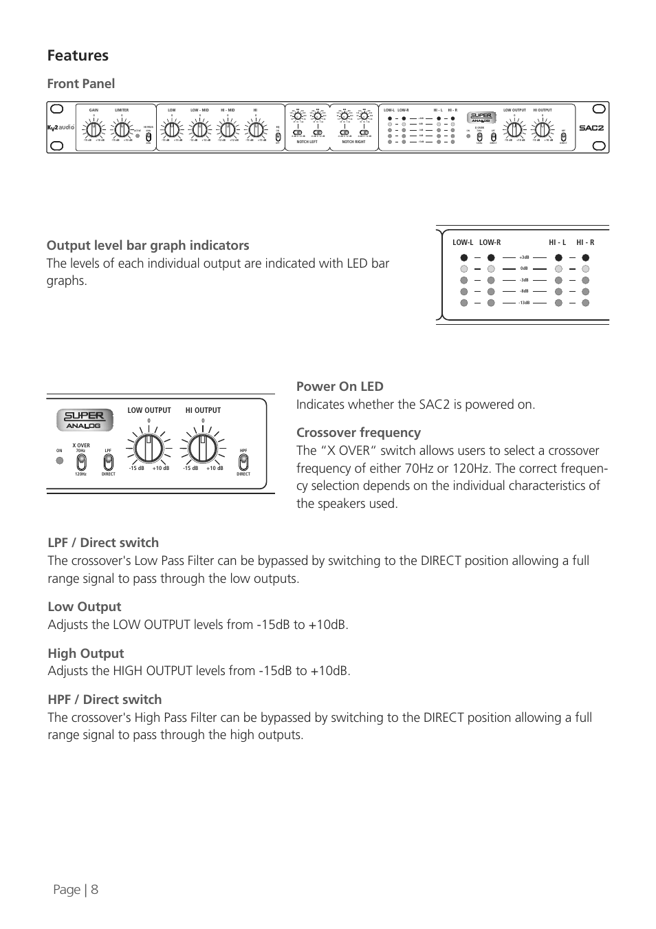 Features, Front panel, Page | 8 | Low-r low-l hi - l hi - r, Hi output low output | KV2 Audio SAC2 User Manual | Page 8 / 16
