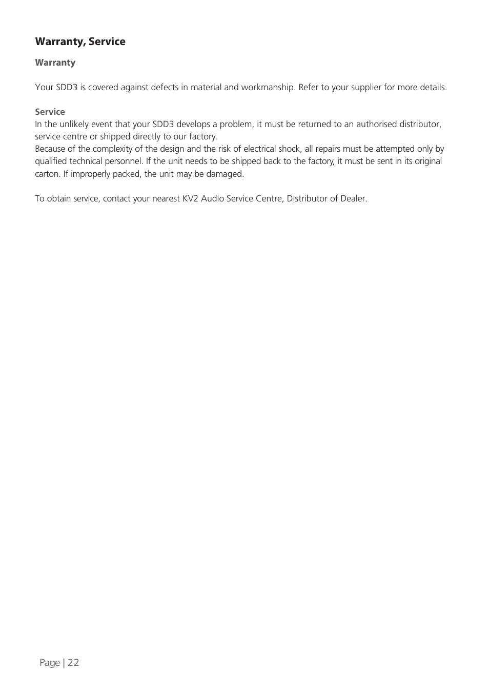 Warranty, service | KV2 Audio SDD3 User Manual | Page 22 / 24
