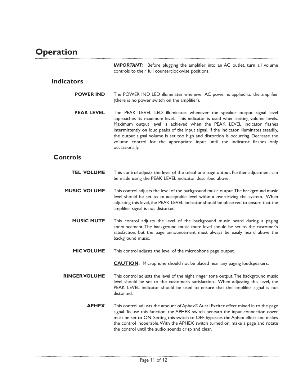 Operation, Indicators controls | Bogen TPU250 User Manual | Page 11 / 12