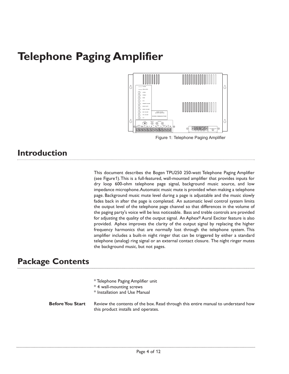 Telephone paging amplifier, Introduction, Package contents | Page 4 of 12, Figure 1: telephone paging amplifier | Bogen TPU250 User Manual | Page 4 / 12