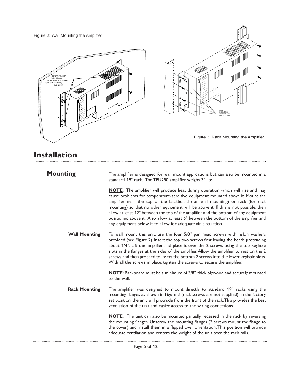 Installation, Mounting, Page 5 of 12 | Figure 3: rack mounting the amplifier | Bogen TPU250 User Manual | Page 5 / 12