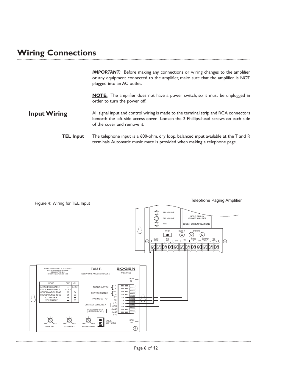 Wiring connections, Input wiring, Page 6 of 12 | Figure 4: wiring for tel input, Telephone paging amplifier, Tam b | Bogen TPU250 User Manual | Page 6 / 12