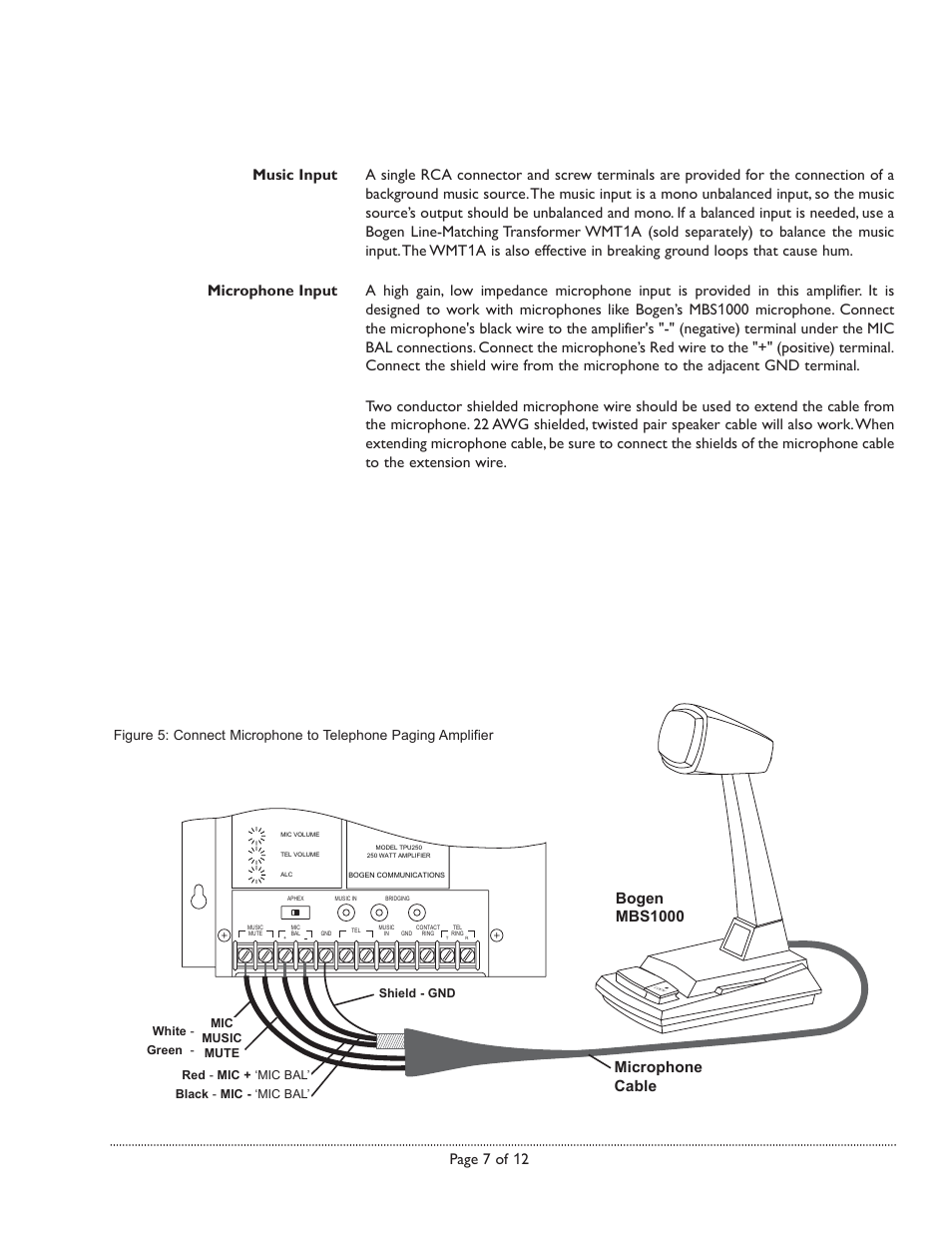 Microphone cable, Bogen mbs1000 | Bogen TPU250 User Manual | Page 7 / 12