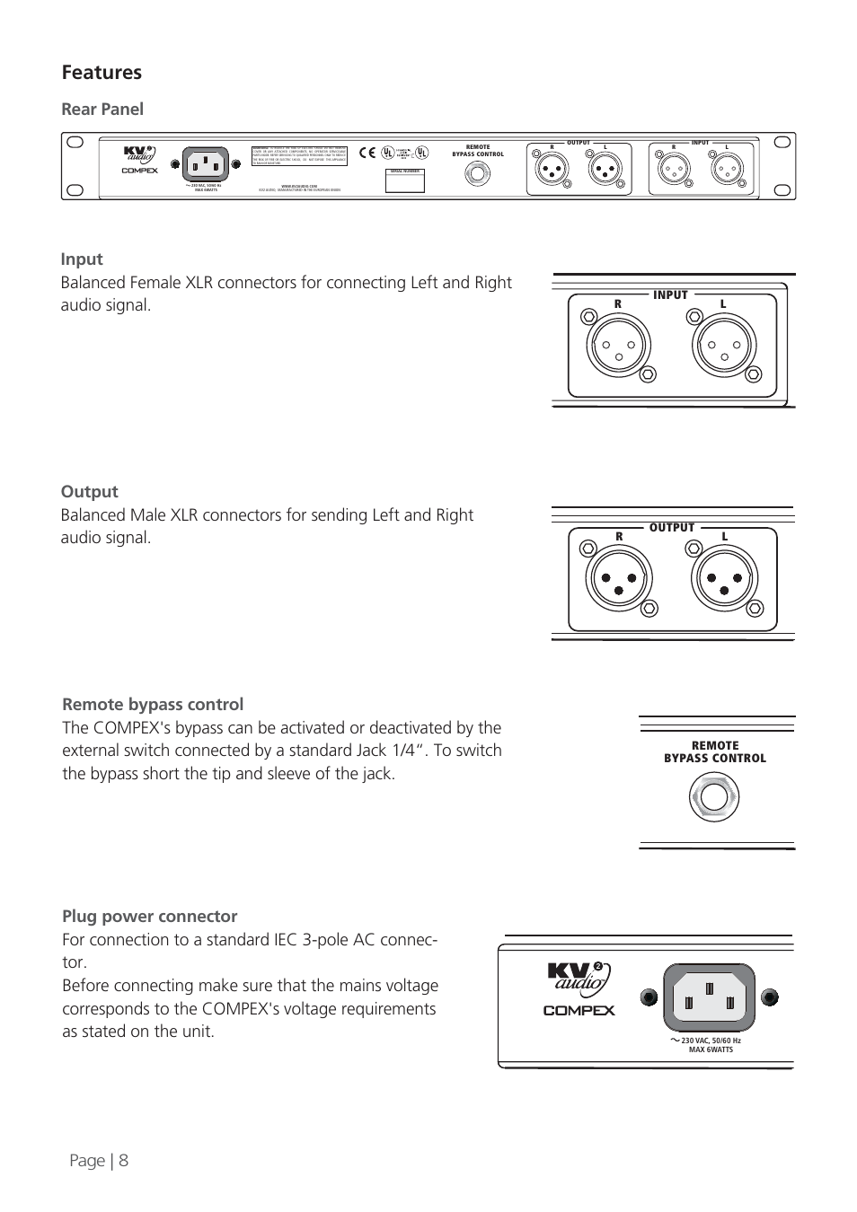 Features, Rear panel page | 8 | KV2 Audio COMPEX User Manual | Page 8 / 12