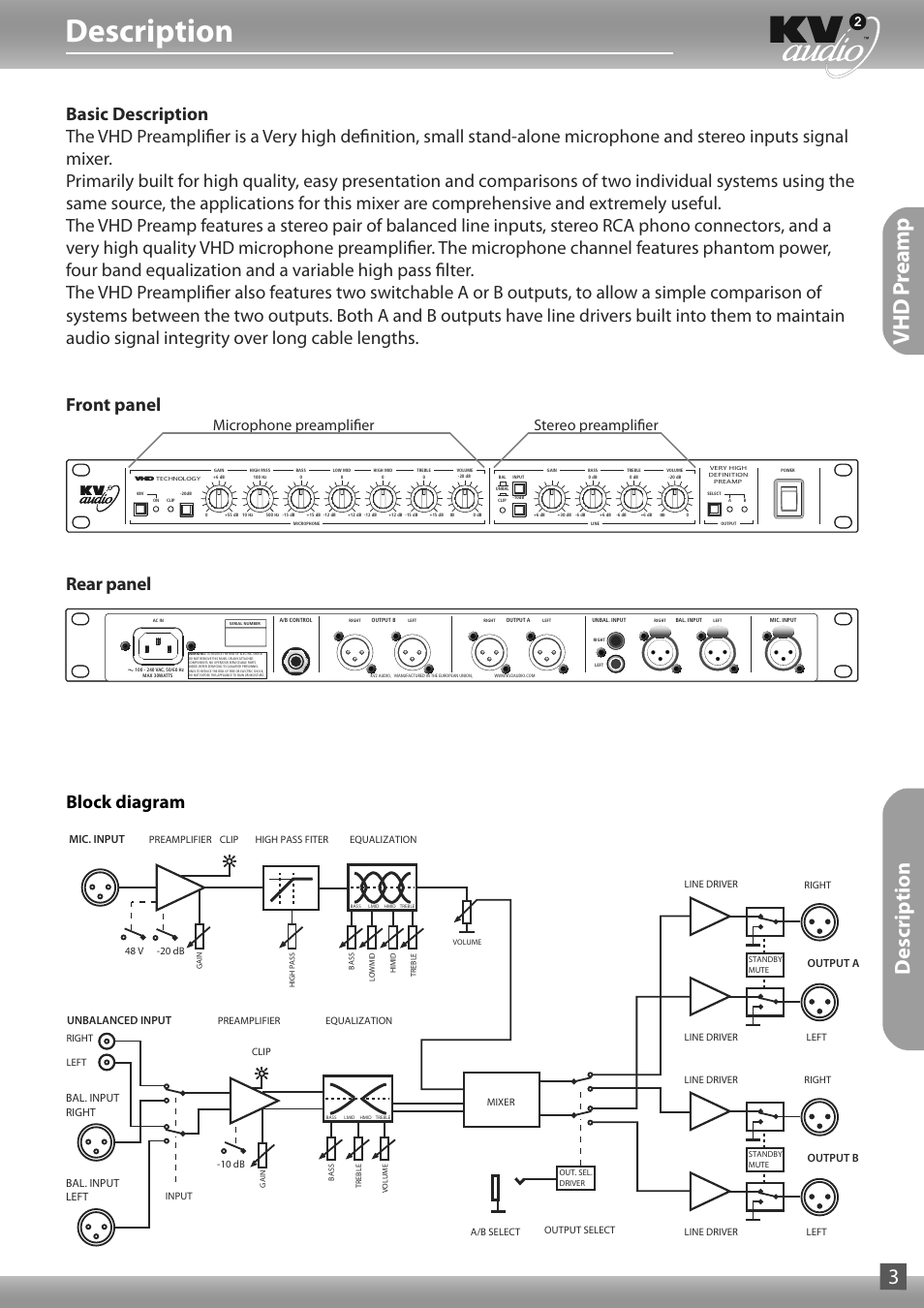 Description, Vhd p reamp, Description 3 | Microphone preamplifier stereo preamplifier, Output b, Output a, Mic. input, Unbalanced input, Bal. input right bal. input left | KV2 Audio VHD-Preamp User Manual | Page 3 / 8