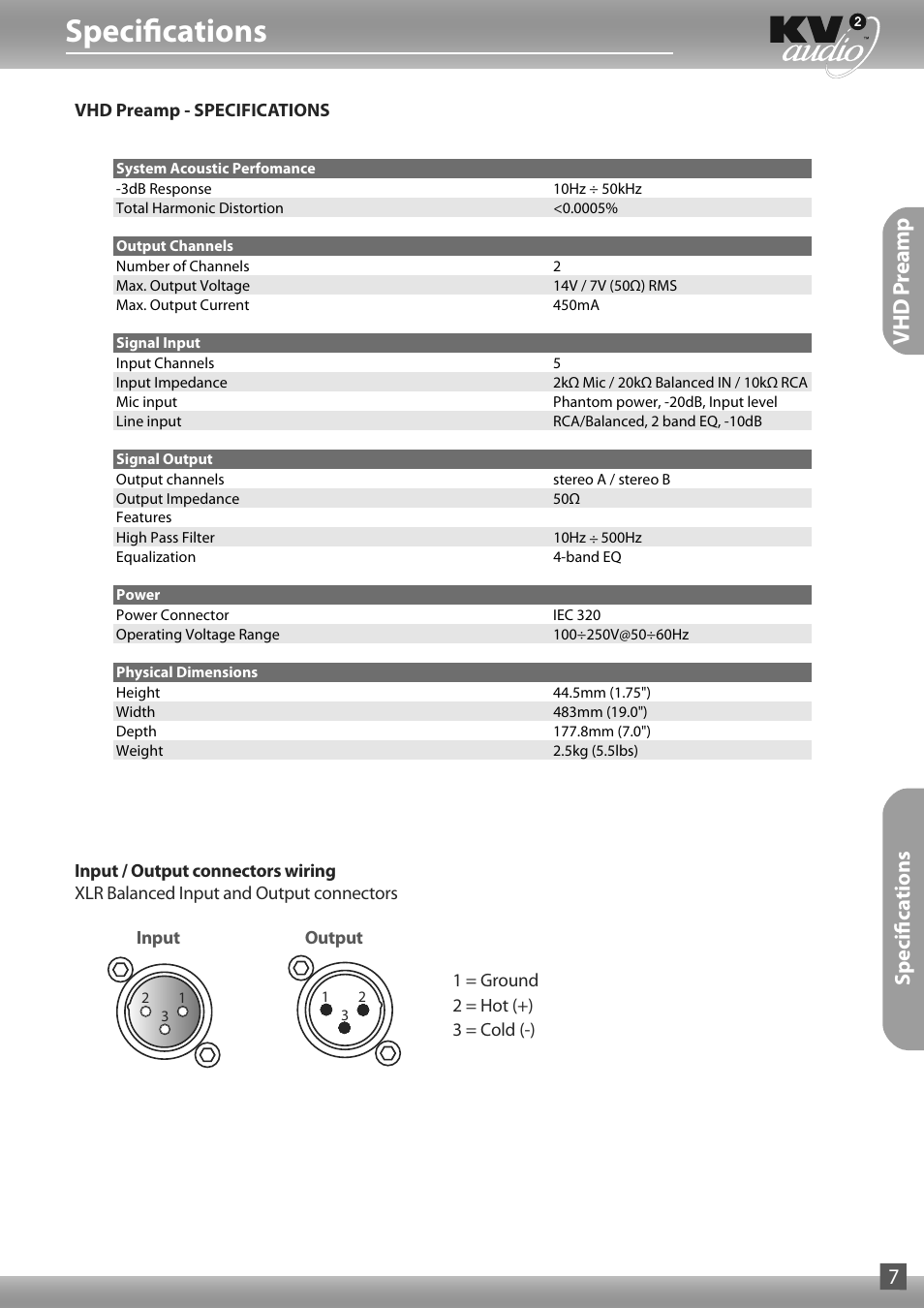 Specifications, Vhd p reamp, Specifications 7 | KV2 Audio VHD-Preamp User Manual | Page 7 / 8