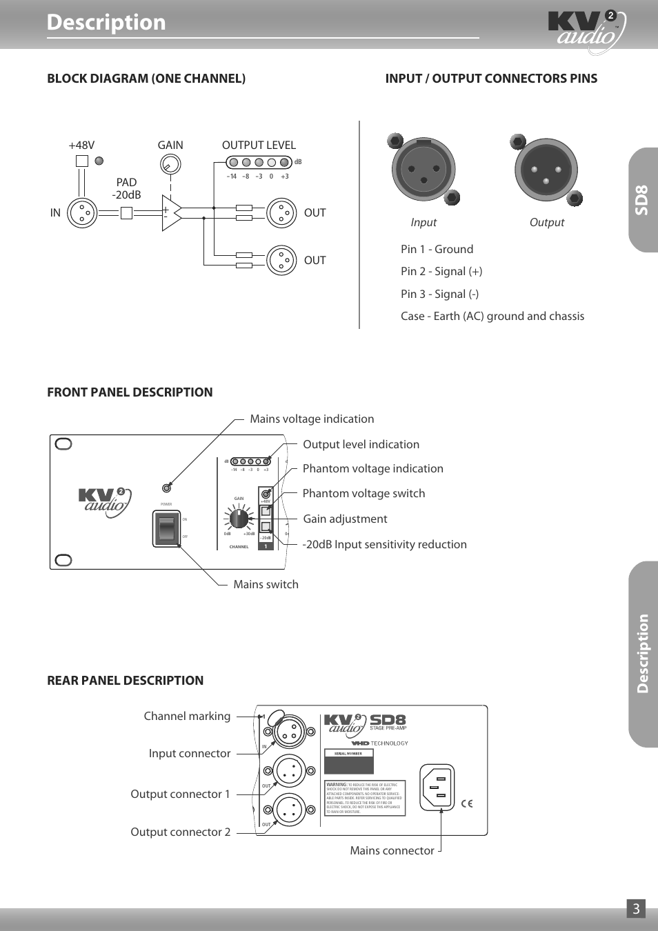 Description, Description 3, Front panel description rear panel description | 48v in out out pad -20db gain output level | KV2 Audio SD8 User Manual | Page 3 / 4