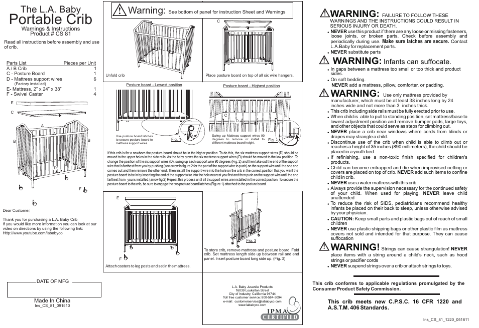 L.A. Baby Portable Crib CS-81 User Manual | 1 page