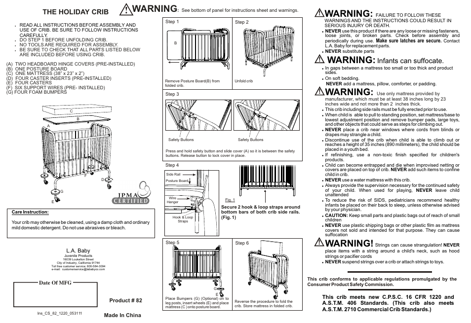 L.A. Baby Deluxe Holiday Crib CS-82 User Manual | 1 page