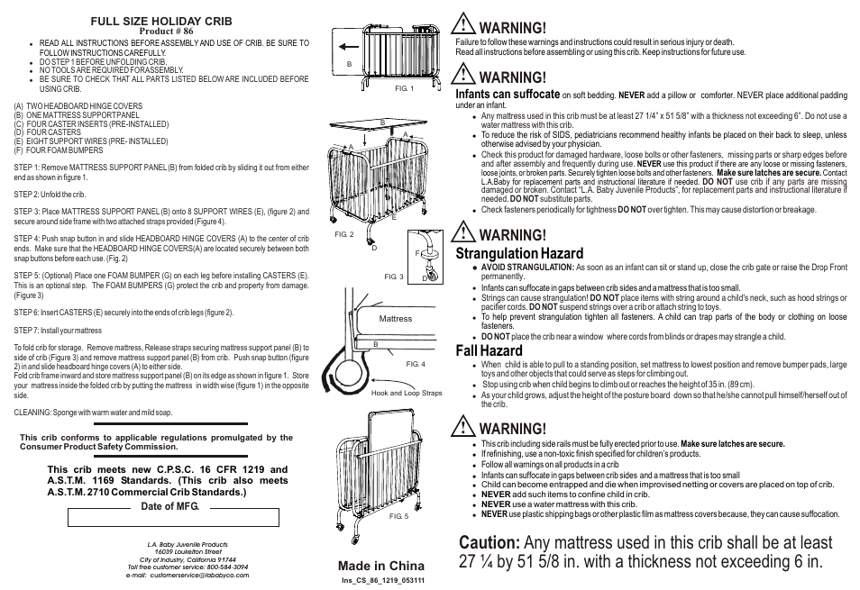 L.A. Baby Folding Full Size Holiday Crib CS-86 User Manual | 1 page