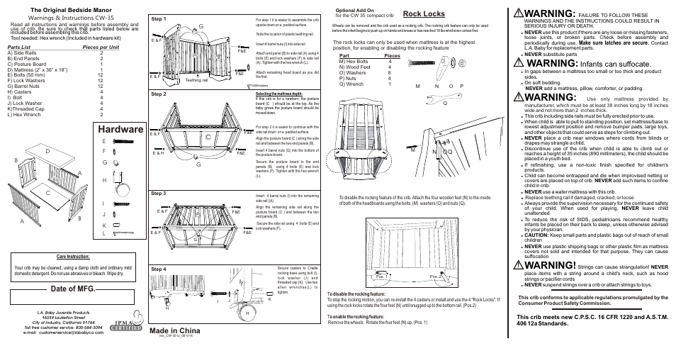 L.A. Baby Original Bed Side Manor CW-35 User Manual | 1 page