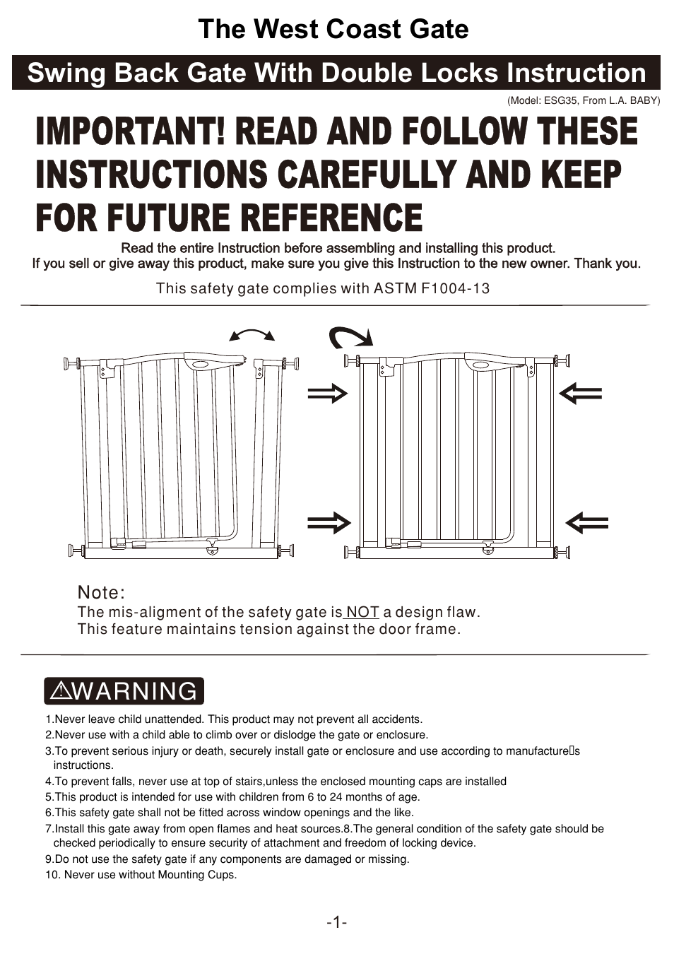 L.A. Baby West Coast Gate SG-35 User Manual | 6 pages