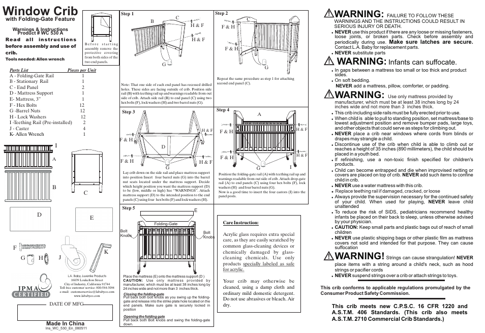 L.A. Baby Window Crib with Safety Gate CW-530A User Manual | 1 page