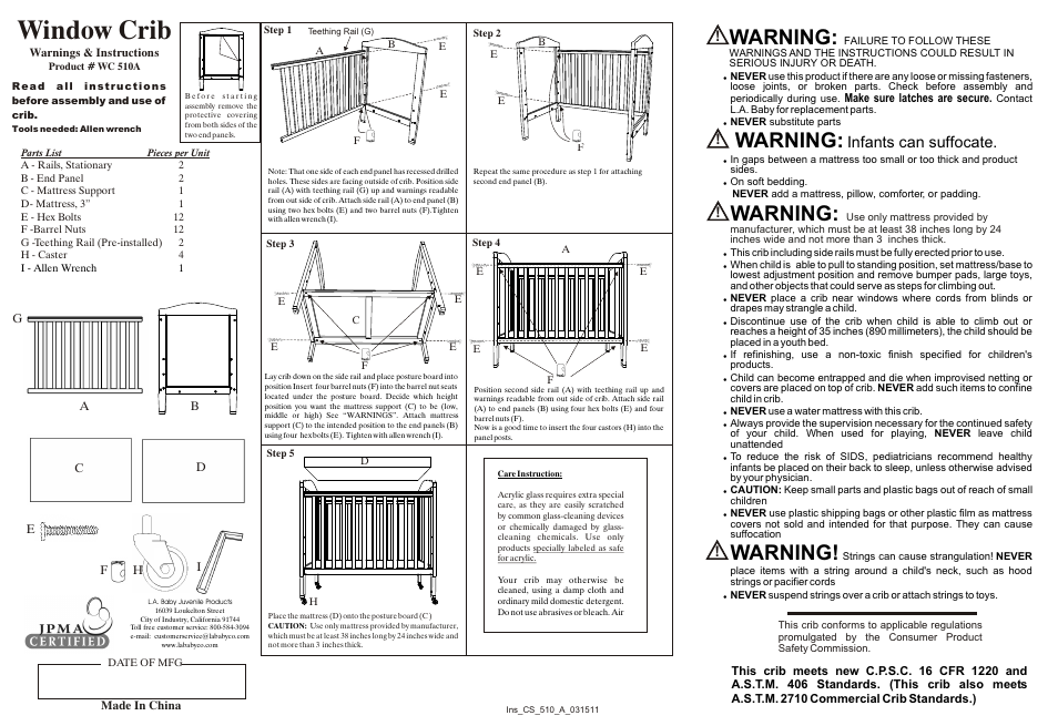 L.A. Baby Window Crib CW-510A User Manual | 1 page