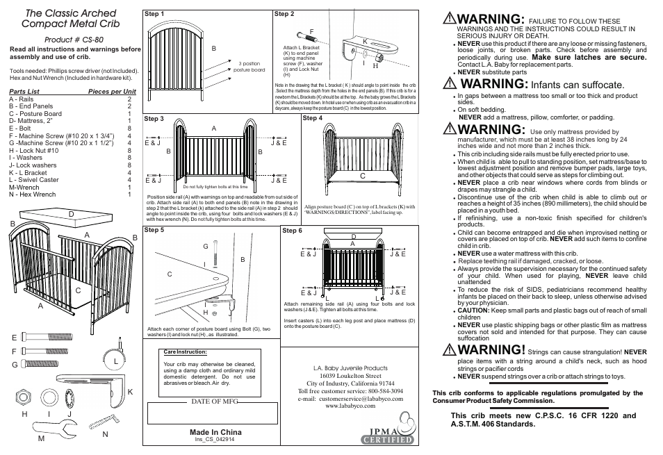 L.A. Baby Twin Arched Compact Metal Crib CS-80 User Manual | 1 page