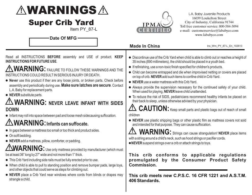 L.A. Baby Super Crib Yard PY-87-L User Manual | 2 pages