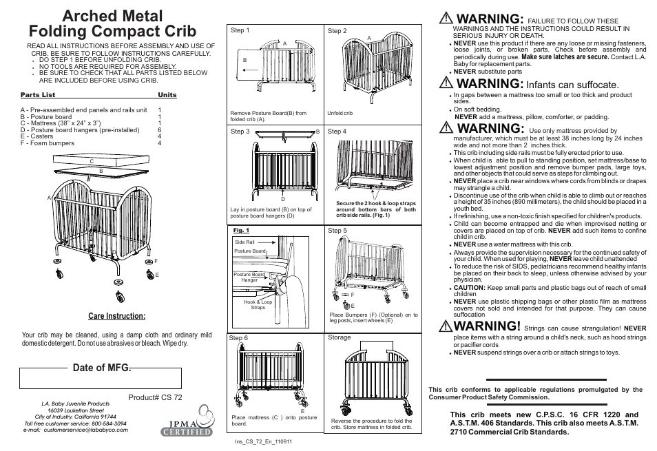 L.A. Baby Arched Folding Metal Crib CS-72 User Manual | 1 page