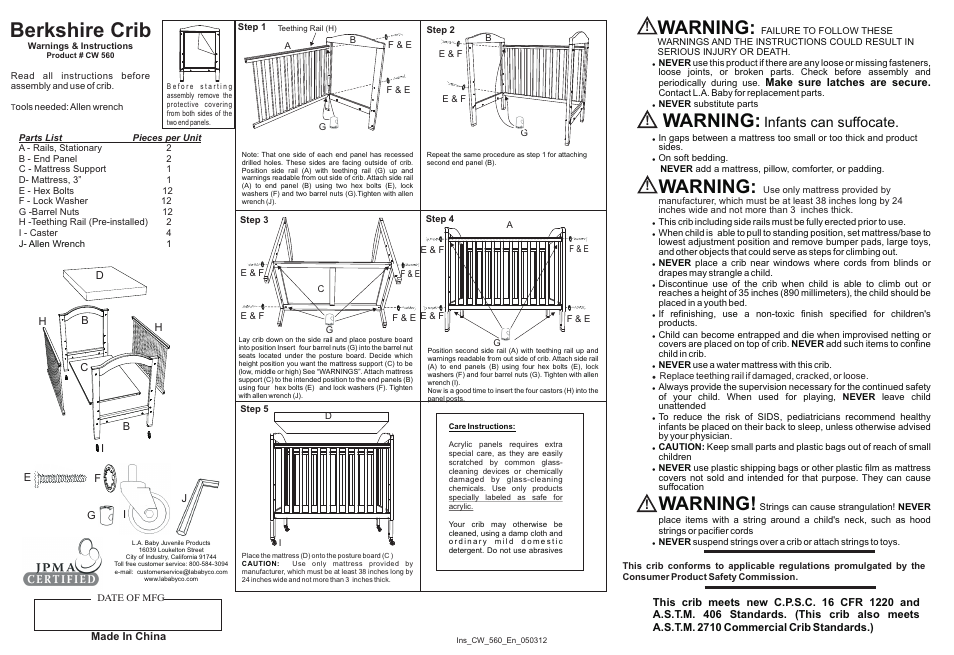 L.A. Baby Berkshire Crib CW-560 User Manual | 1 page