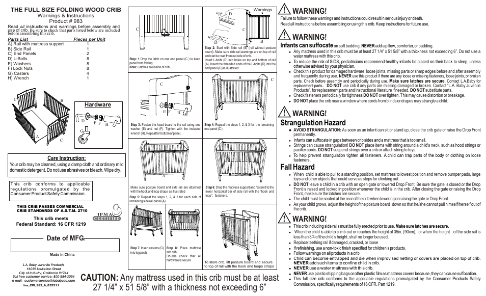 L.A. Baby Full Size Folding Wood Crib CW-983 User Manual | 1 page