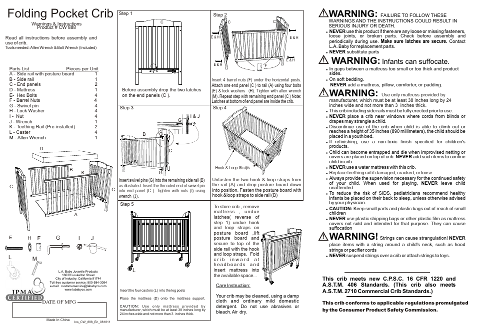 L.A. Baby Folding Pocket Crib CW-888 User Manual | 1 page