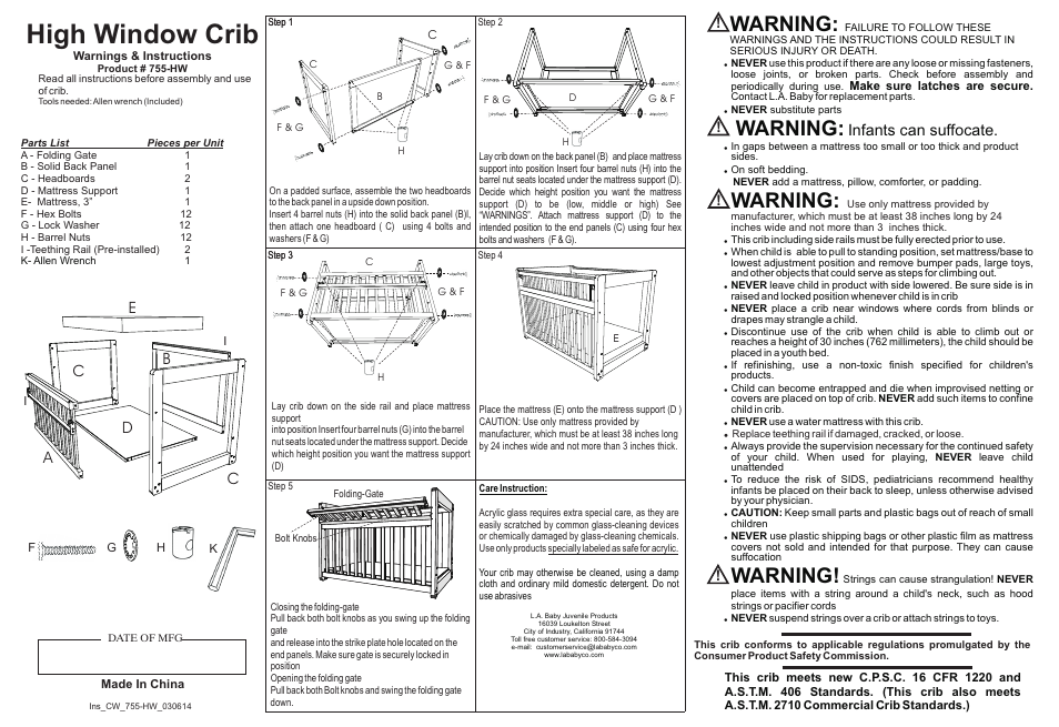 L.A. Baby Modular Window Crib CW-755-HW User Manual | 3 pages