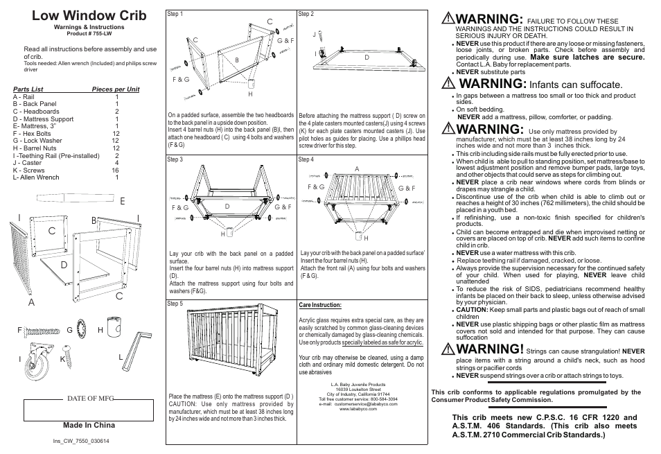 Low window crib, Warning, Infants can suffocate | L.A. Baby Modular Window Crib CW-755-HW User Manual | Page 2 / 3