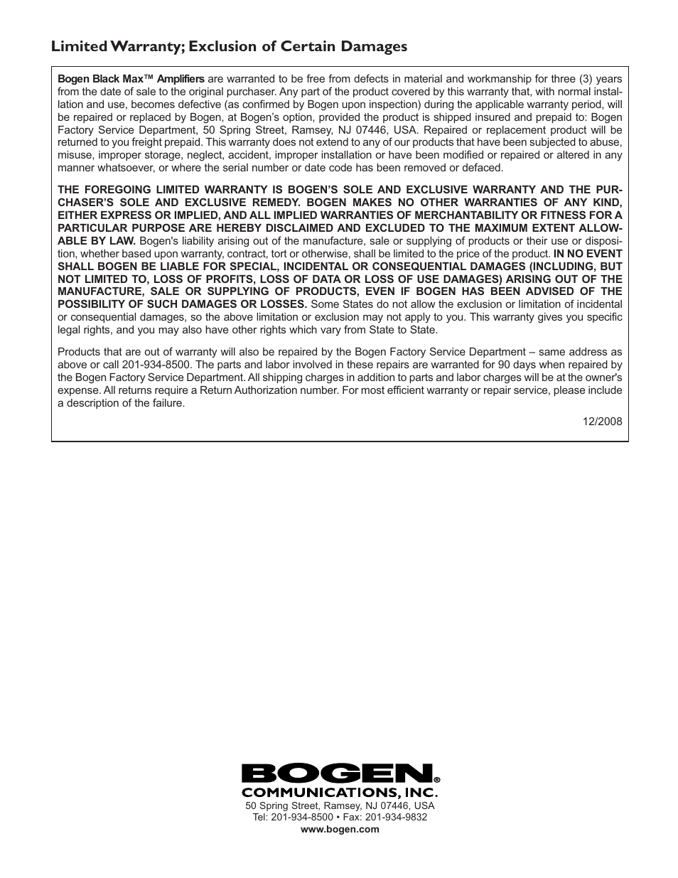 Limited warranty; exclusion of certain damages | Bogen X300 User Manual | Page 16 / 16