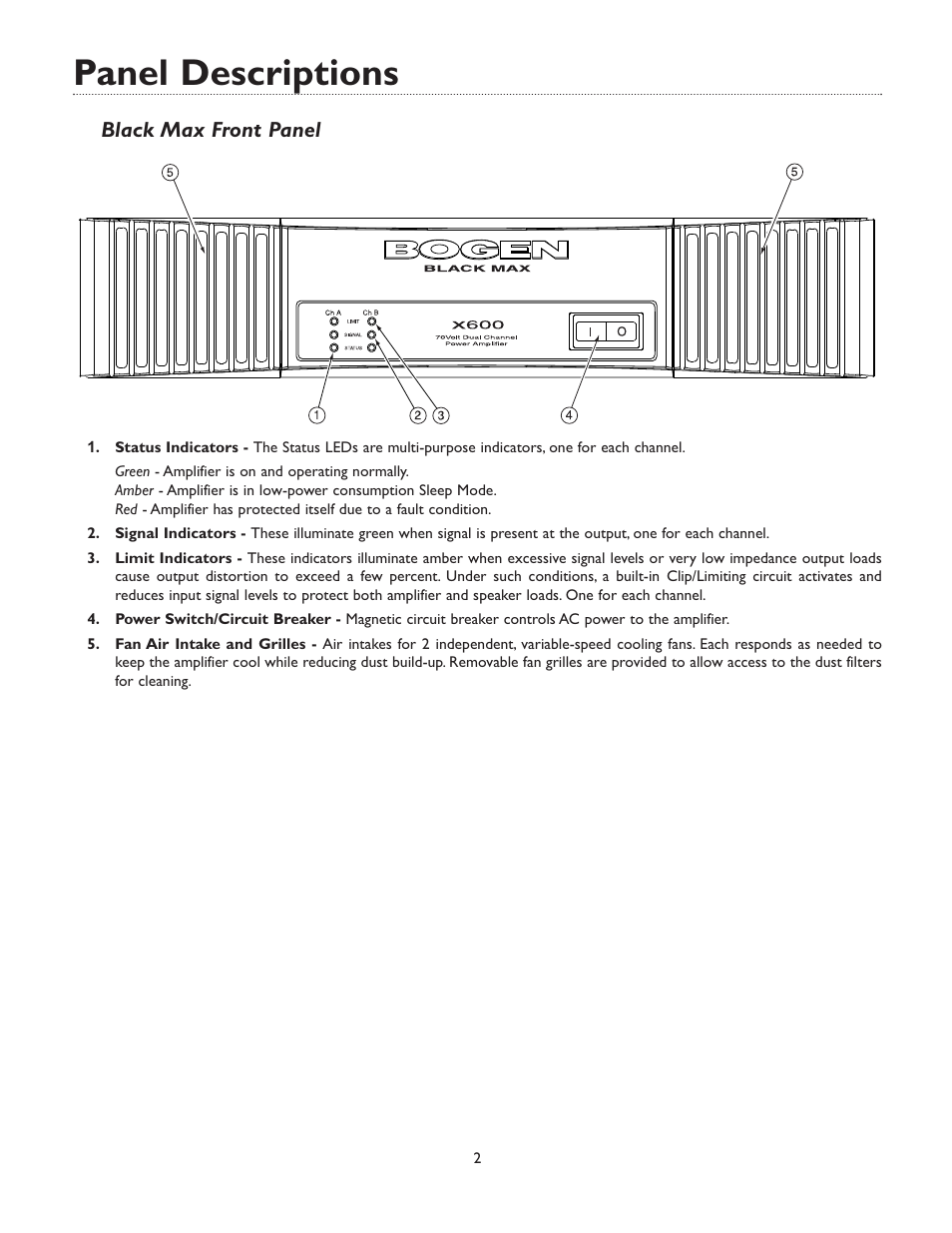 Panel descriptions, Black max front panel | Bogen X300 User Manual | Page 6 / 16