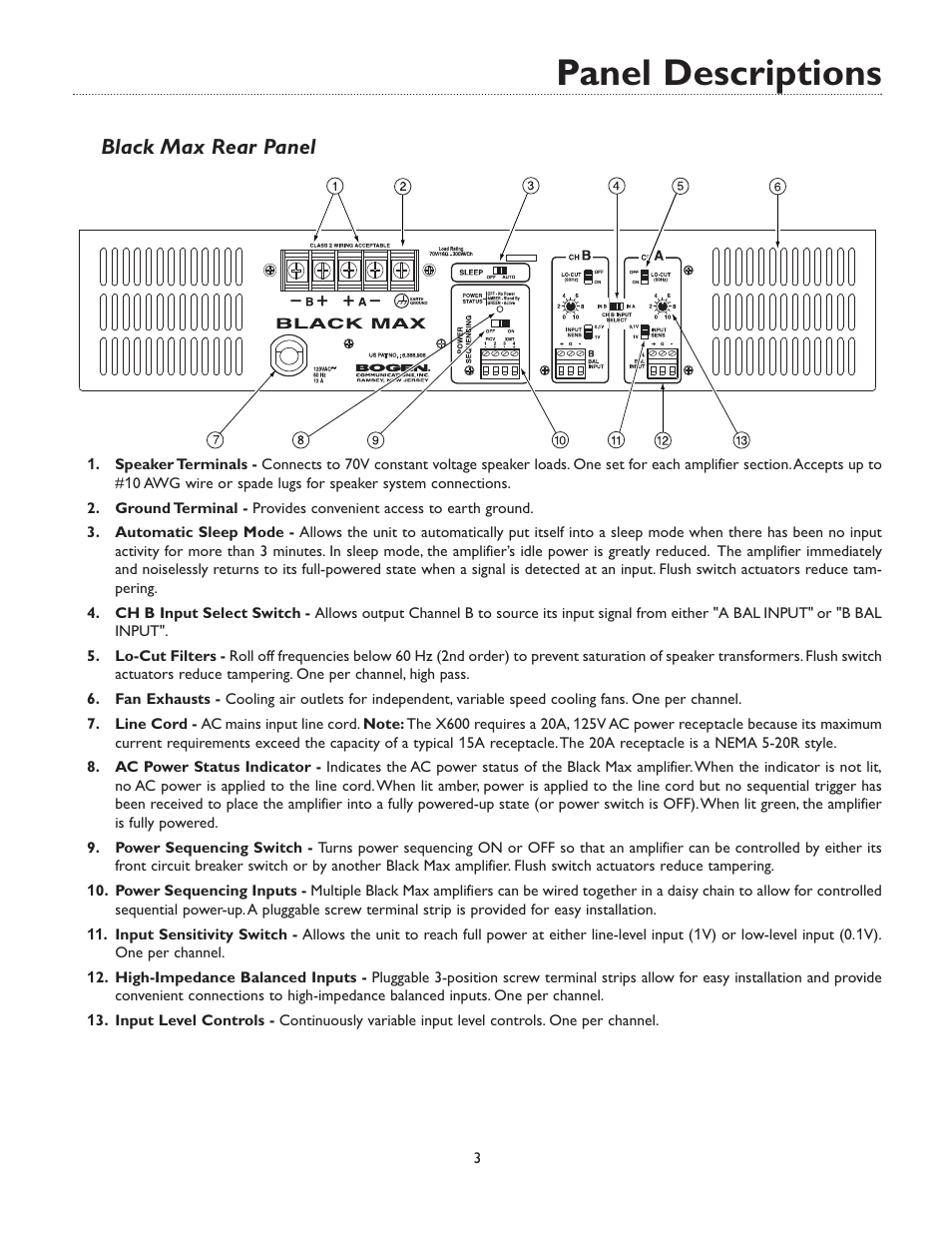 Panel descriptions, Black max rear panel | Bogen X300 User Manual | Page 7 / 16