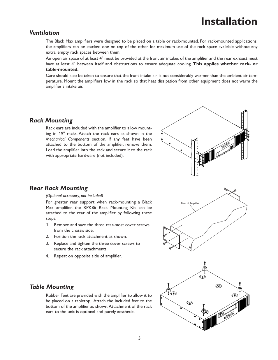 Installation, Ventilation, Rack mounting | Rear rack mounting, Table mounting | Bogen X300 User Manual | Page 9 / 16