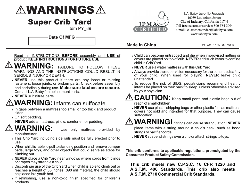 L.A. Baby Metal Play Yard PY_89 User Manual | 2 pages