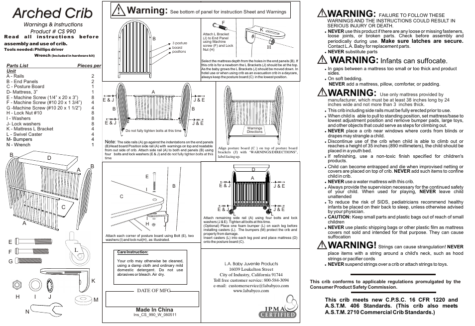 L.A. Baby Deluxe Arched Crib CS-990 User Manual | 1 page