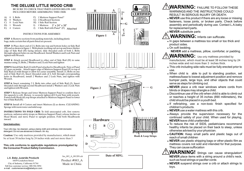 L.A. Baby Deluxe little Wood Crib CW-883 User Manual | 1 page