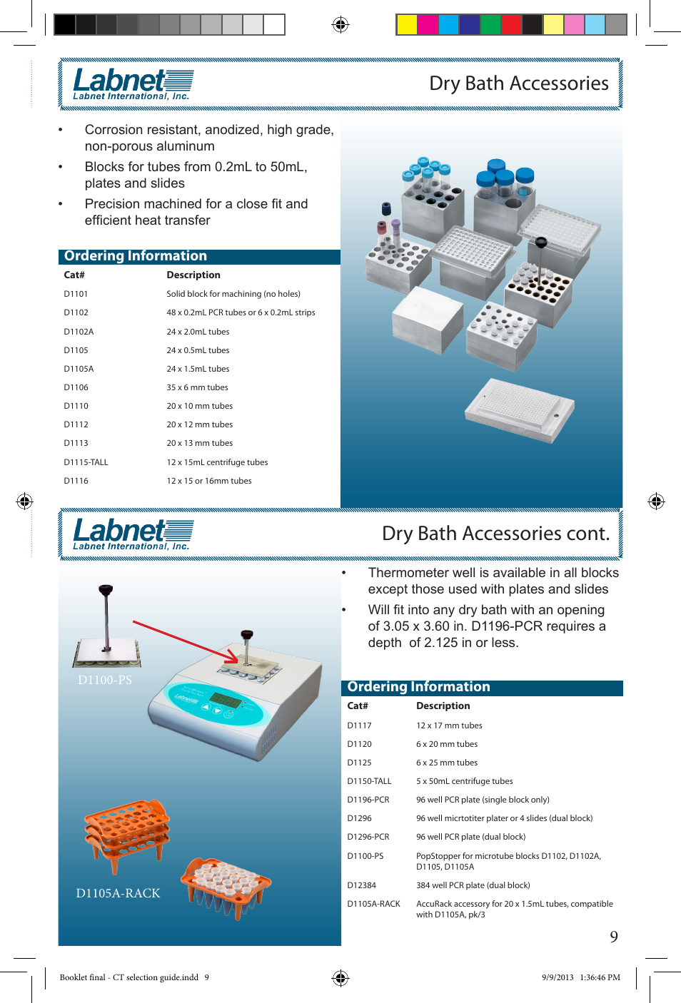 Dry bath accessories dry bath accessories cont, Ordering information | Labnet Constant Temperature Selection Guide User Manual | Page 9 / 12