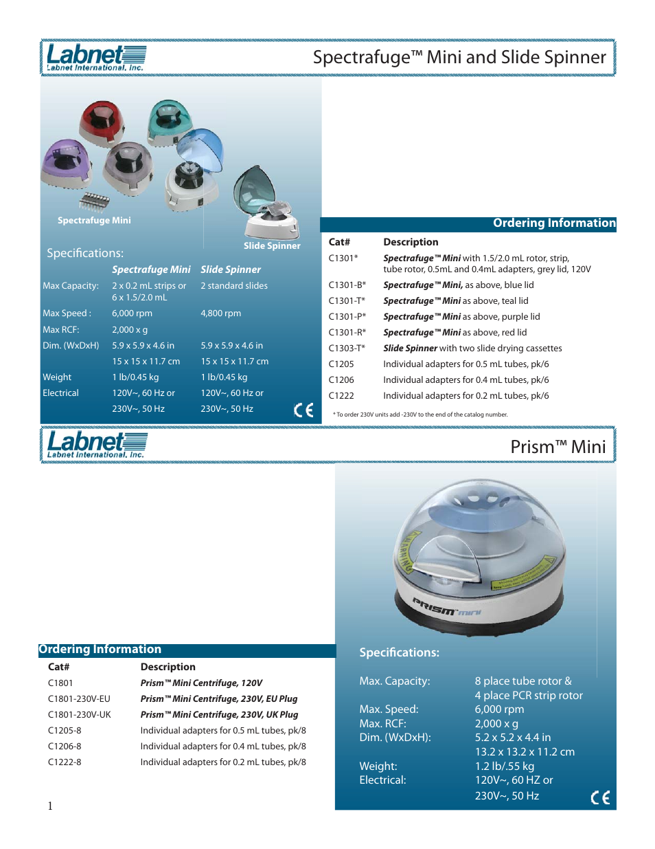 Prism™ mini prism™ min, Spectrafuge™ mini and slide spinner | Labnet AccuTherm Microtube Shaking Incubator User Manual | Page 2 / 12