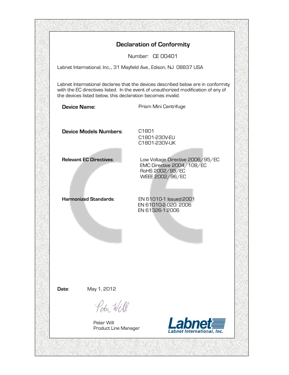 Declaration of conformity | Labnet Prism Mini Centrifuge User Manual | Page 6 / 7