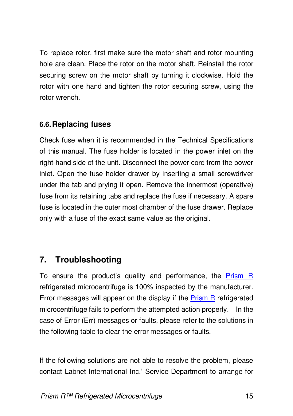 Troubleshooting | Labnet Prism R Refrigerated Microcentrifuge User Manual | Page 18 / 24