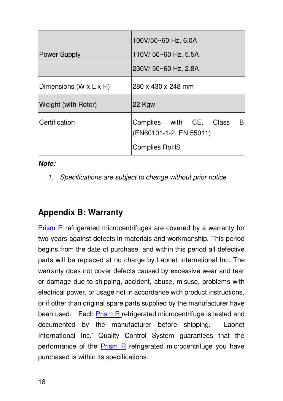 Appendix b: warranty | Labnet Prism R Refrigerated Microcentrifuge User Manual | Page 21 / 24