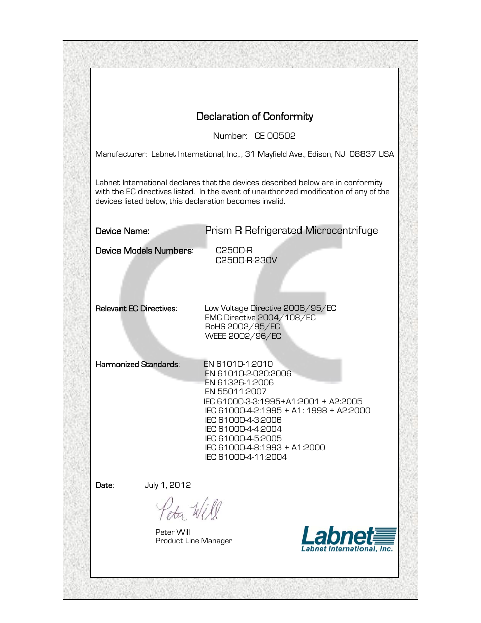 Declaration of conformity, Prism r refrigerated microcentrifuge | Labnet Prism R Refrigerated Microcentrifuge User Manual | Page 22 / 24