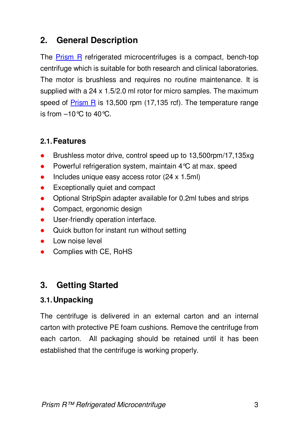 General description, Getting started, Features | Unpacking | Labnet Prism R Refrigerated Microcentrifuge User Manual | Page 6 / 24