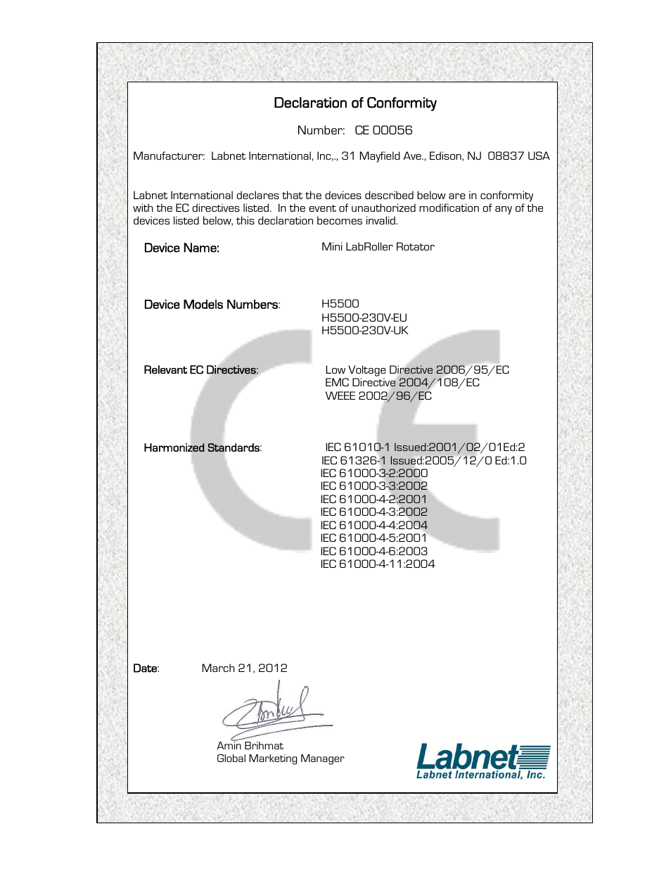 Declaration of conformity | Labnet Mini LabRoller Dual Format Rotator User Manual | Page 6 / 8