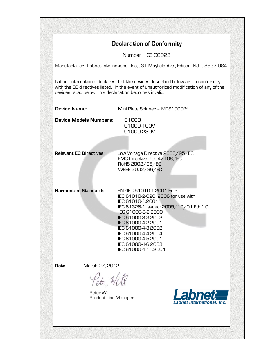 Declaration of conformity | Labnet MPS 1000 Mini PCR Plate Spinner User Manual | Page 6 / 8